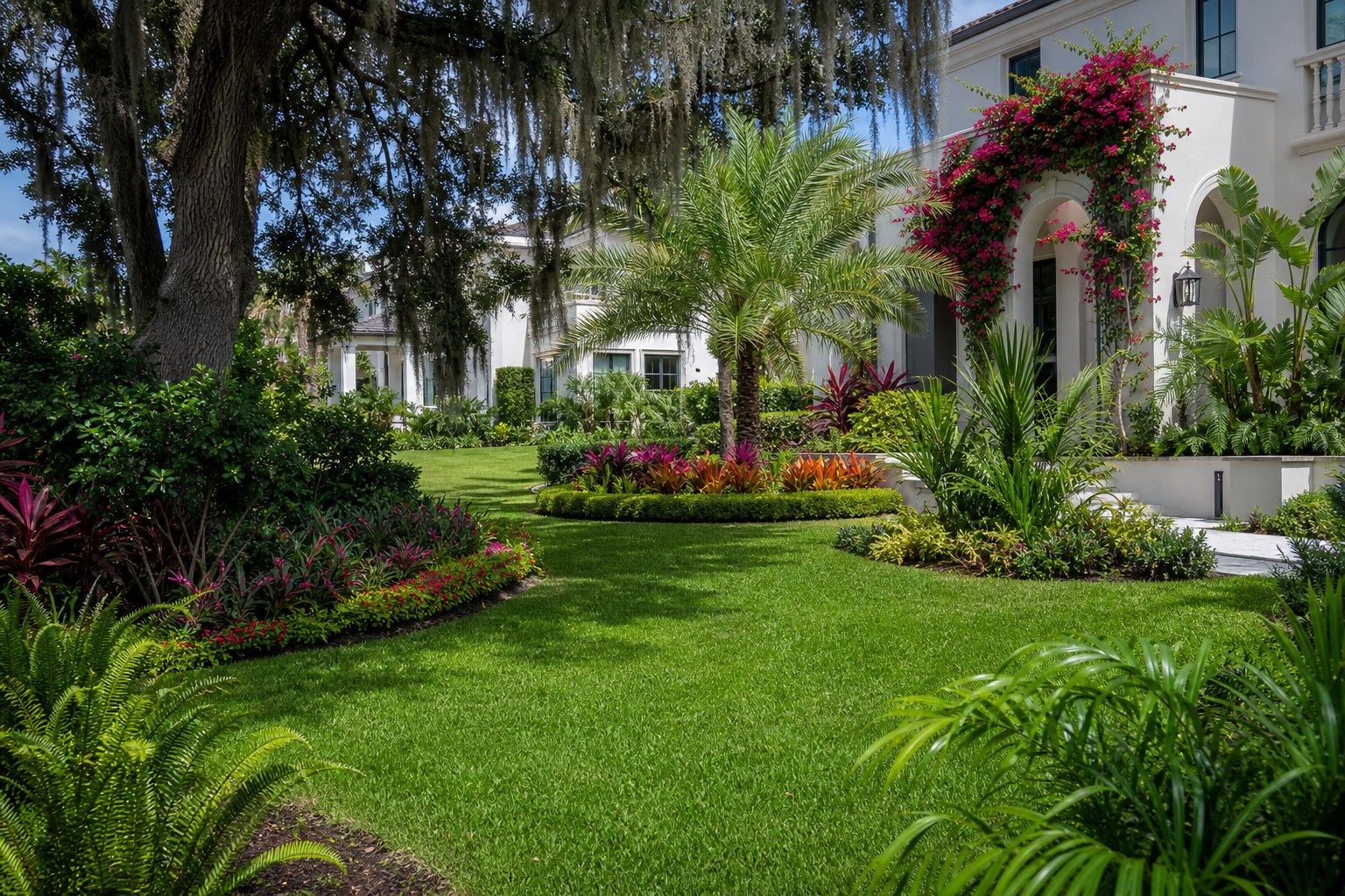 Designed residential garden with palms and layered tropical beds in Tampa, Florida