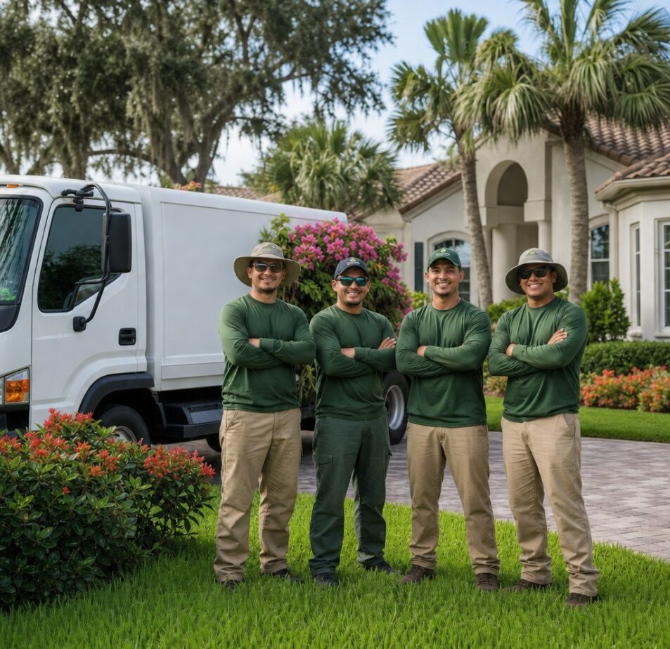 Tampa Pro Landscape team and work truck at a residential property in Tampa, Florida