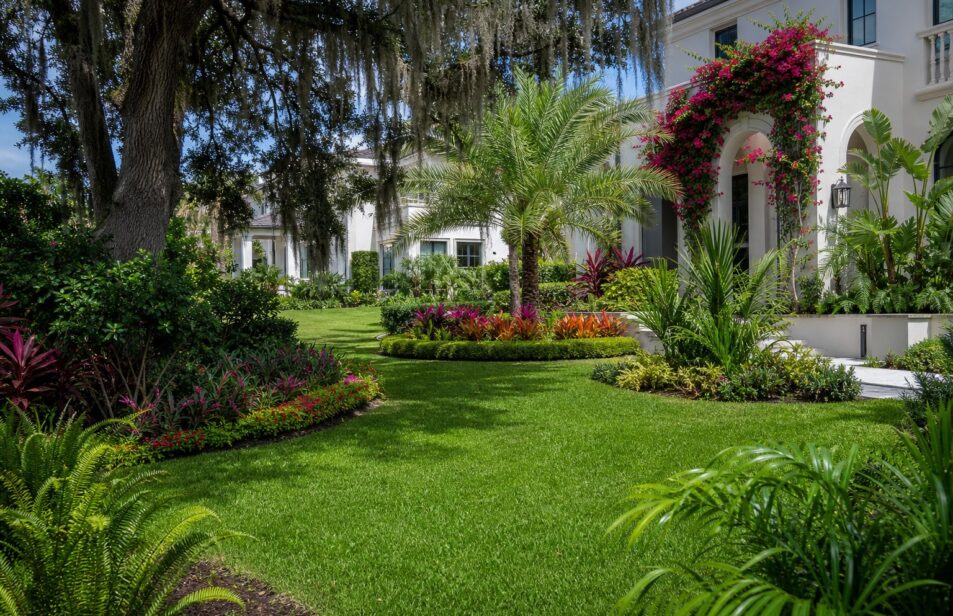 Designed residential garden with palms and layered tropical beds in Tampa, Florida