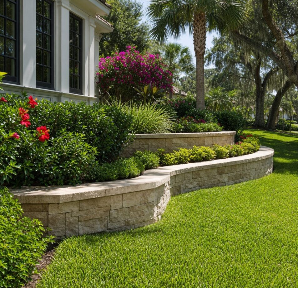Stone retaining wall on a Dunedin waterfront lot