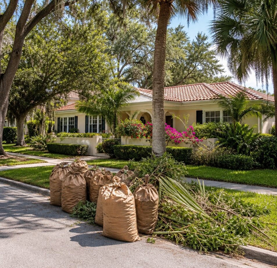 Bagged yard waste at the curb for haul-off in Tampa, Florida