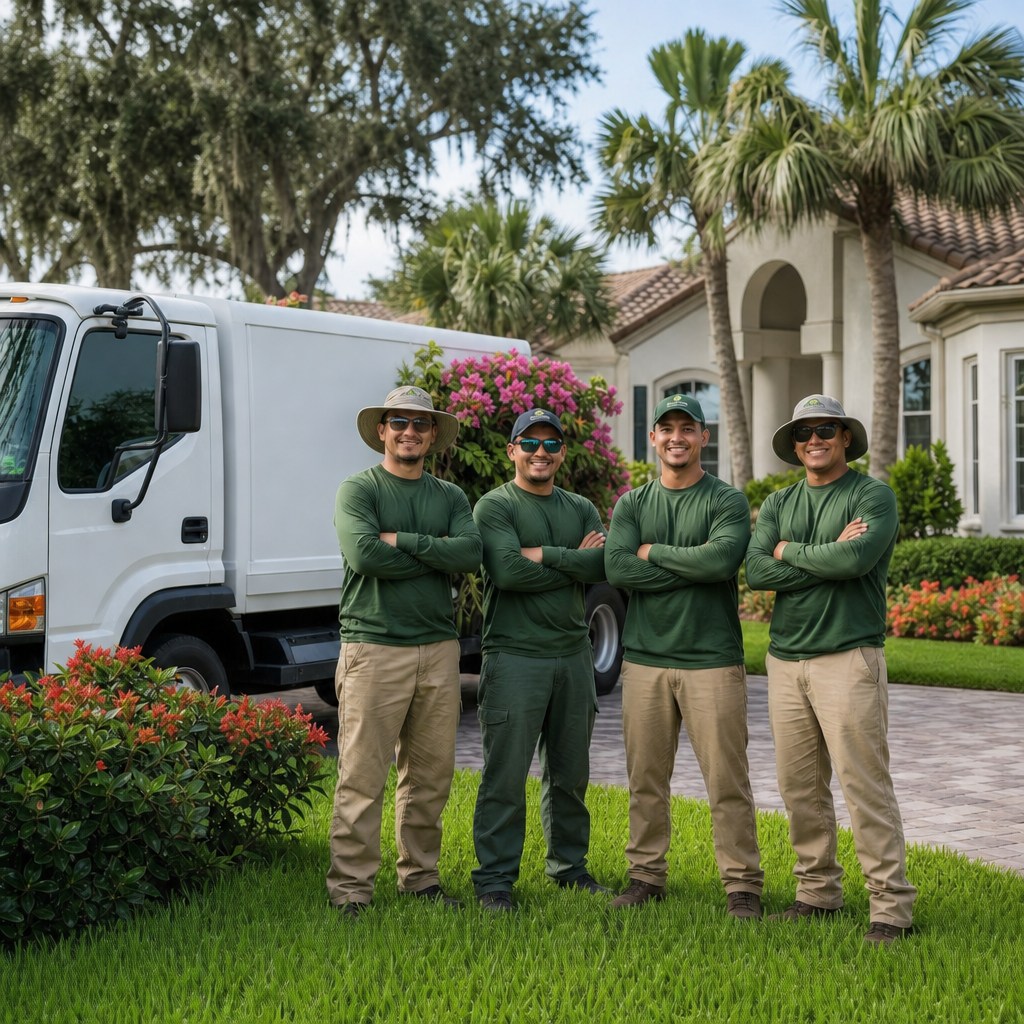 Tampa Pro Landscape team and work truck at a residential property in Tampa, Florida