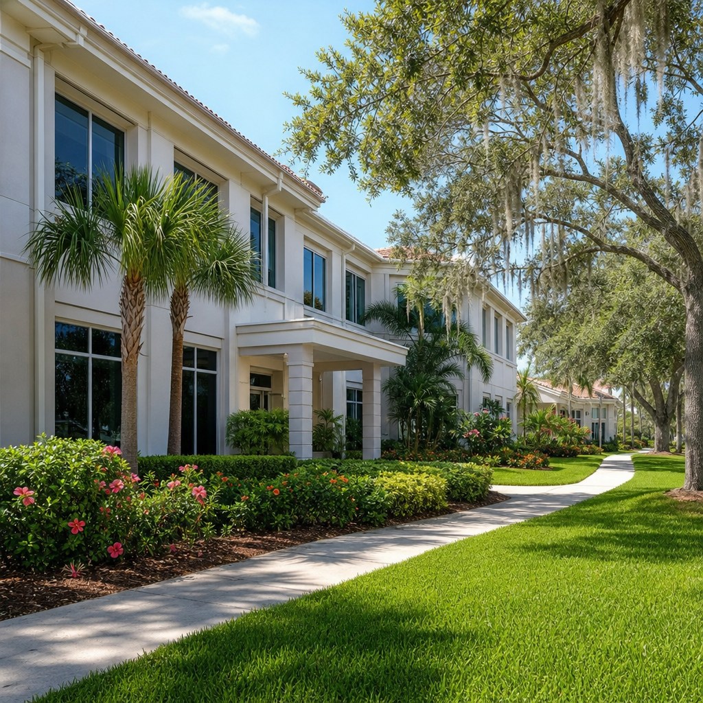 Commercial office building with maintained tropical landscaping in Tampa, Florida
