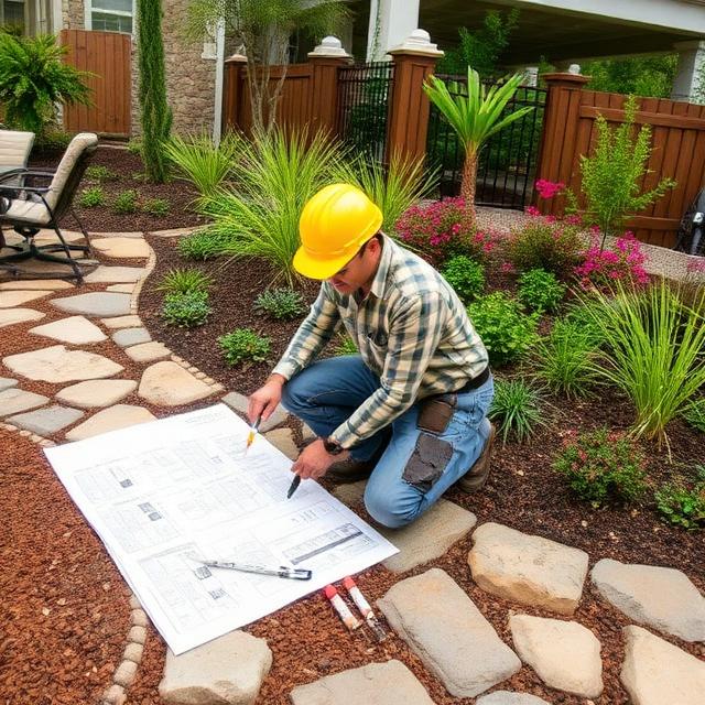 Landscape designer reviewing site plans for a Tampa residential project
