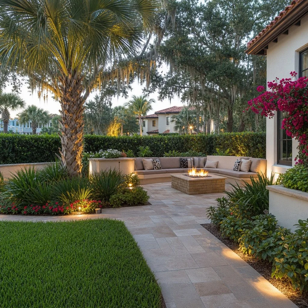 Backyard paver patio outdoor living space with palms and tropical plantings in Tampa, Florida