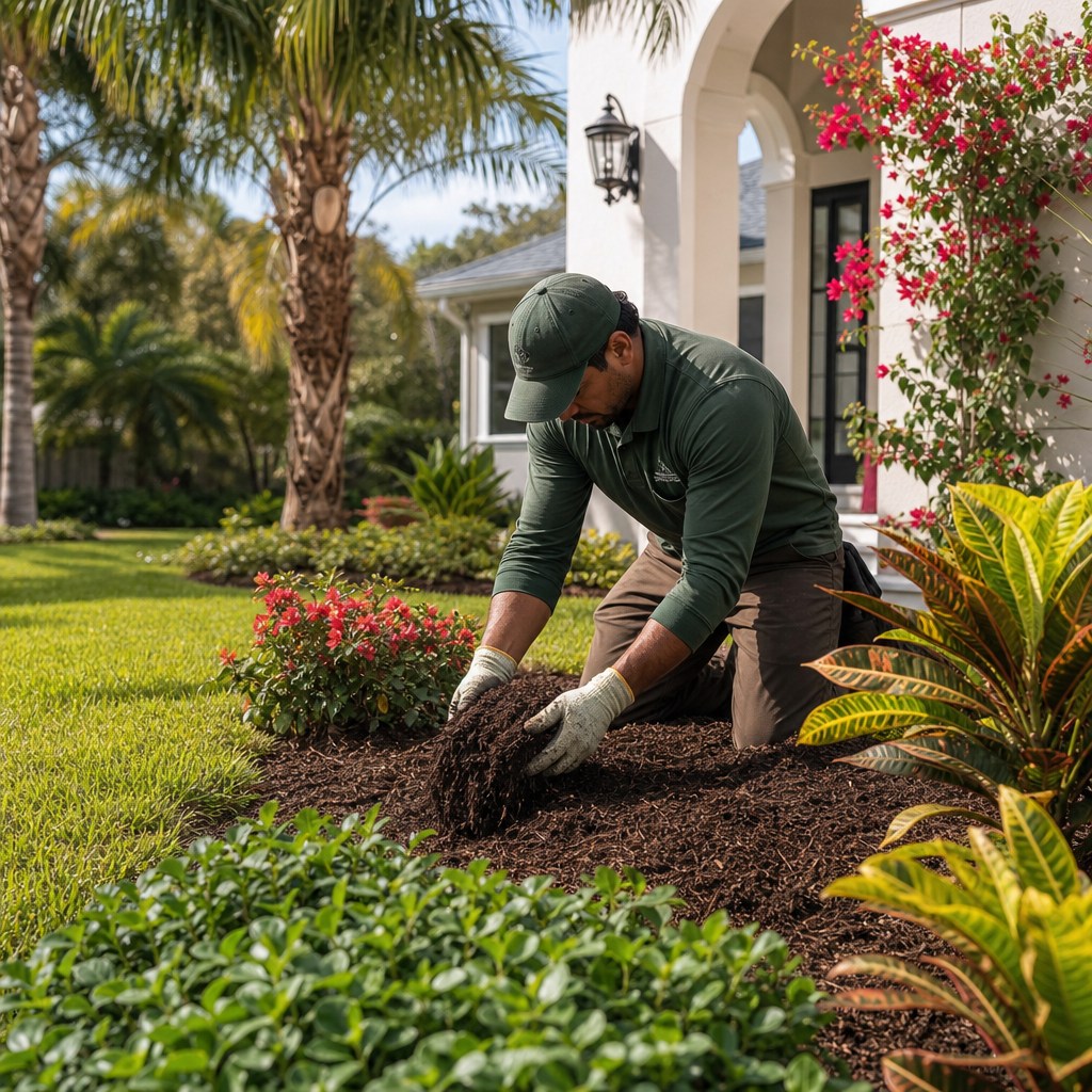 Bed cleanup under oak canopy on a Temple Terrace lot