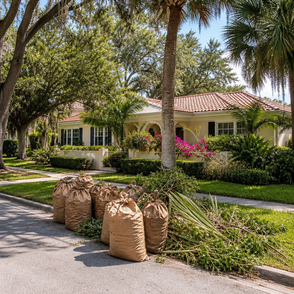 Bagged yard waste at the curb for haul-off in Tampa, Florida