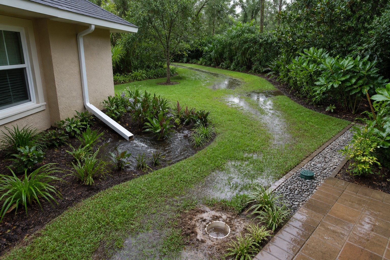 Tampa side yard showing a planted rain garden, broad swale, and gravel subsurface drain after rain
