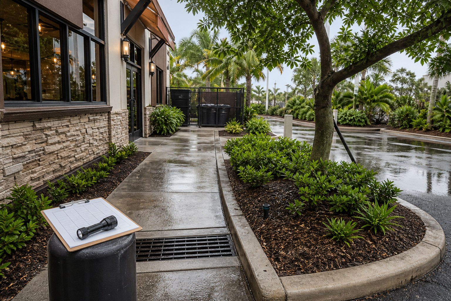 Tampa restaurant exterior after rain with clear walkway, clean storm drain, contained irrigation, and service enclosure